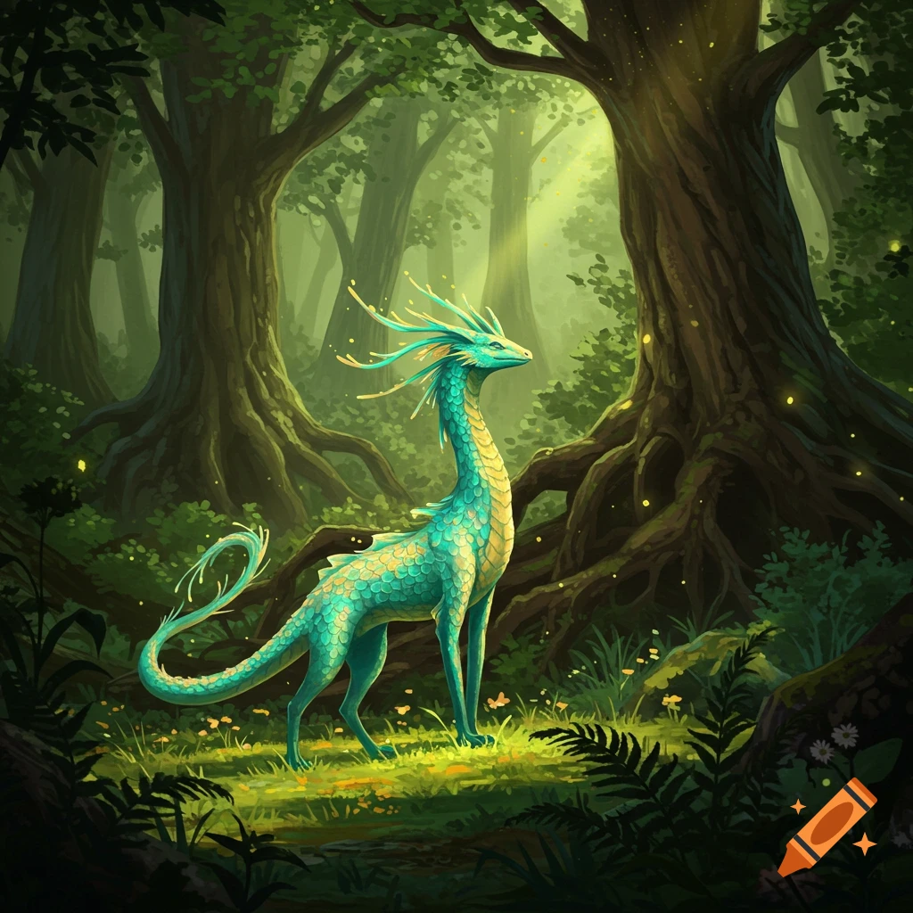 A long-necked, blue-green scaled fantasy creature with feathery head frills stands in a sunlit, ancient forest.