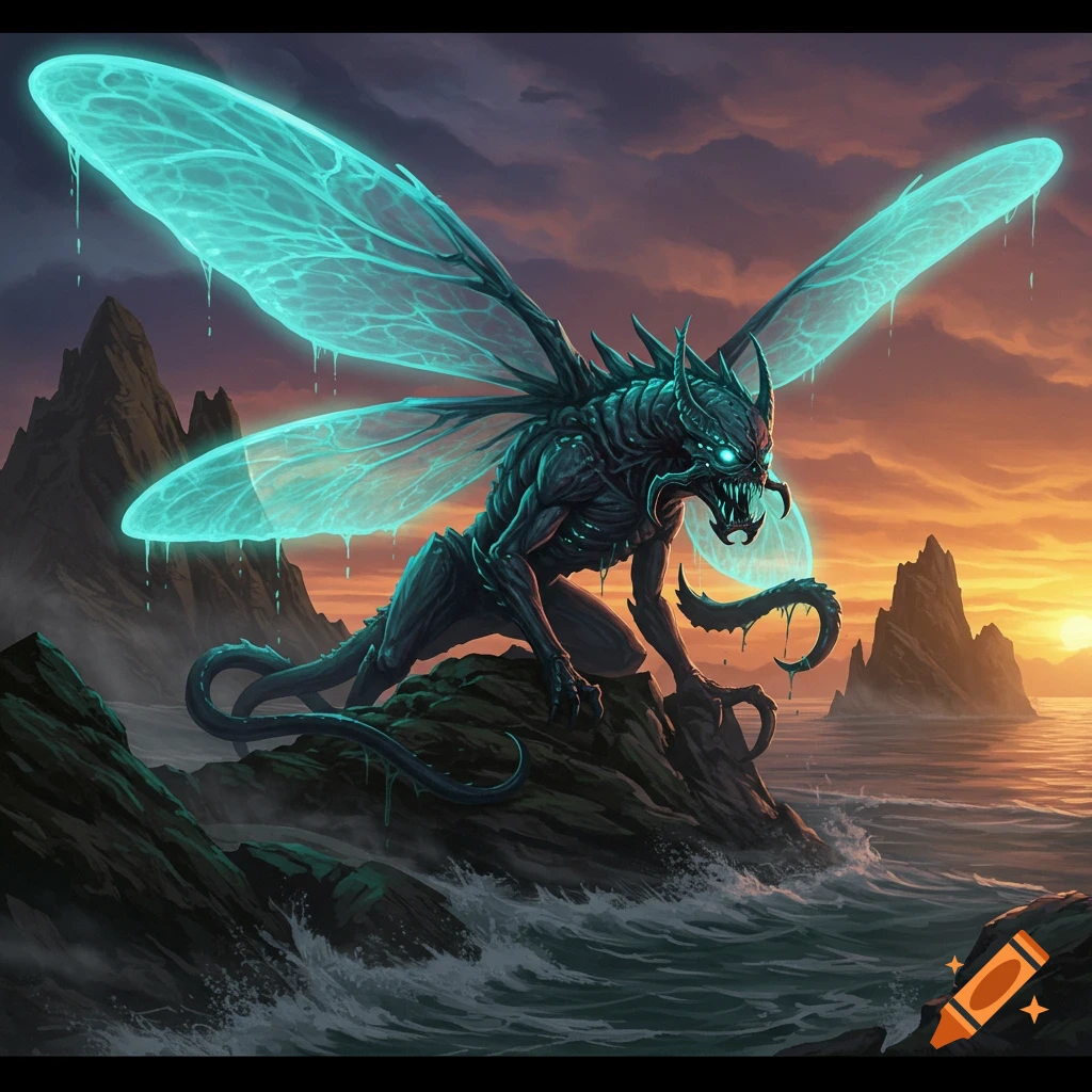 A menacing, glowing, winged alien creature with a tentacle-like arm on a rock in a stormy ocean at sunset, archipelago background, sci-fi art.