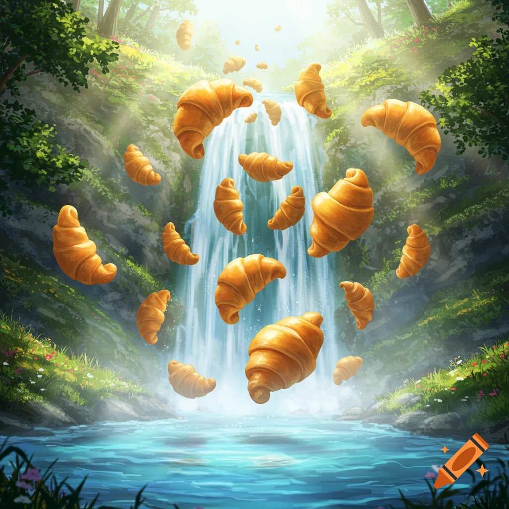 Golden croissants cascade down a lush green waterfall into a blue river, in a magical forest setting.