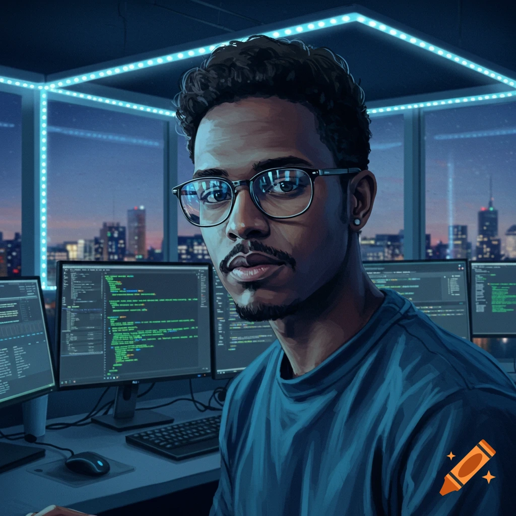 A man wearing glasses works on multiple computer screens displaying code in a futuristic office overlooking a city skyline at night.