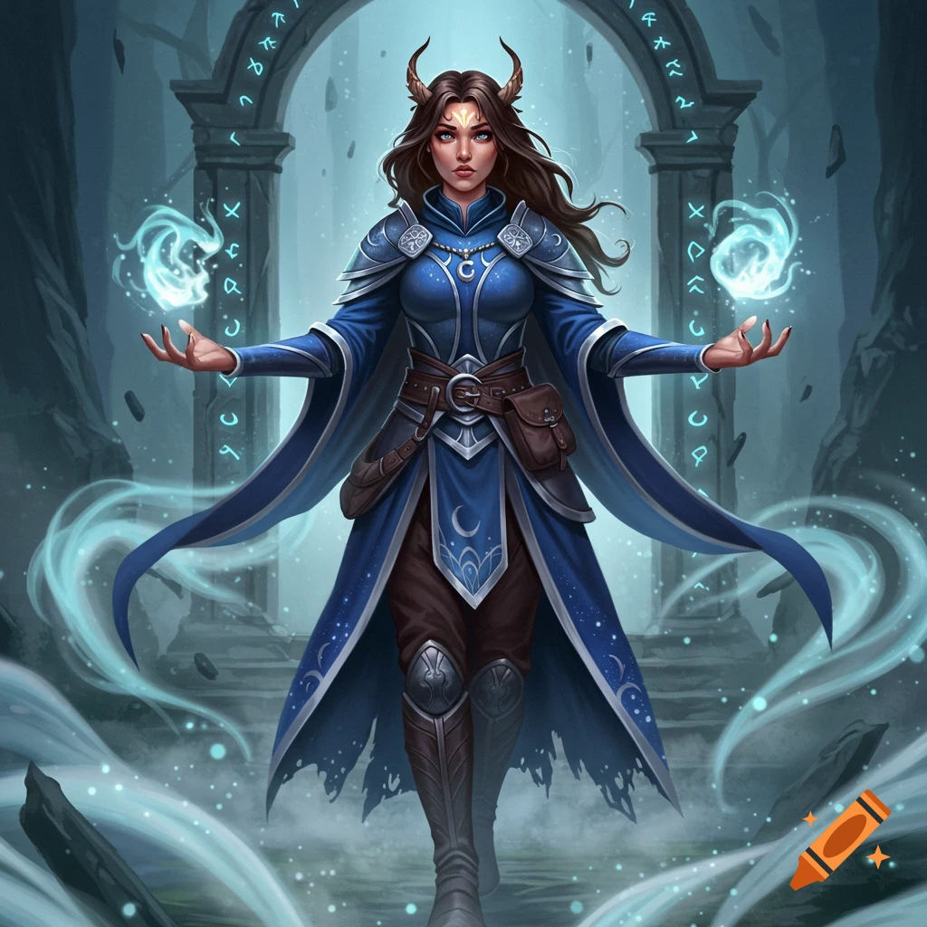 A female mage with horns and brown hair in blue armor and robes, casting magic in an ancient stone archway.