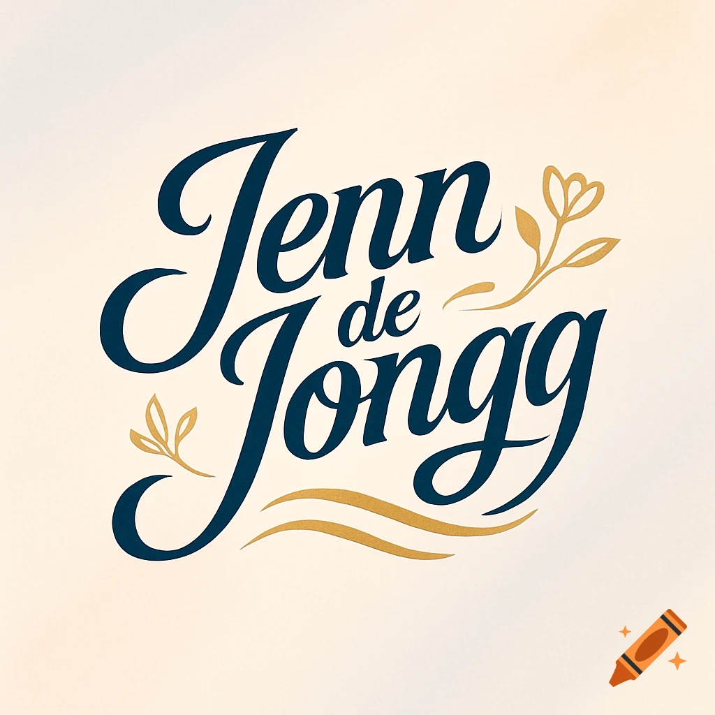 A logo featuring the name "Jenn de Jongg" in a dark blue script font with gold floral and wave-like flourishes on a cream background.