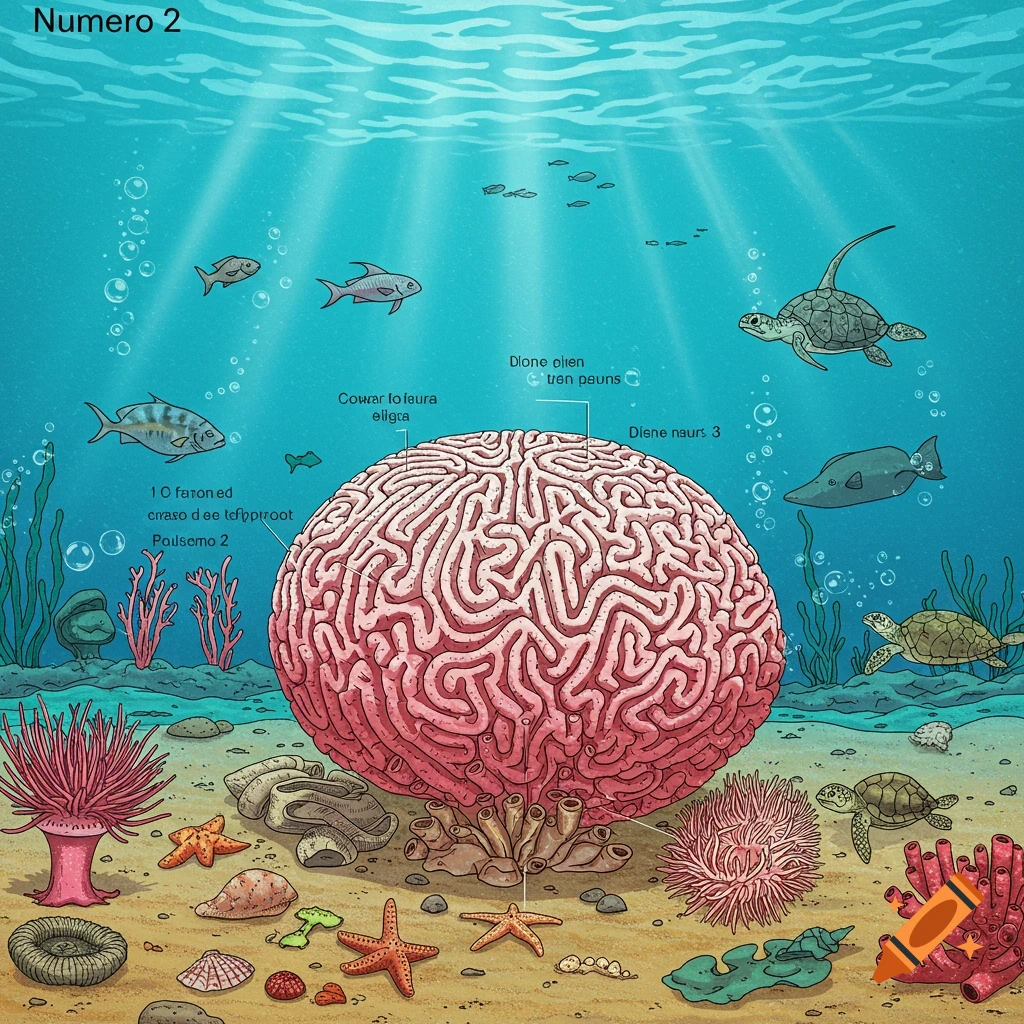 An illustrated underwater scene with fish, sea turtles, corals, starfish, and a large brain-shaped coral formation on the seafloor, with some text labels.