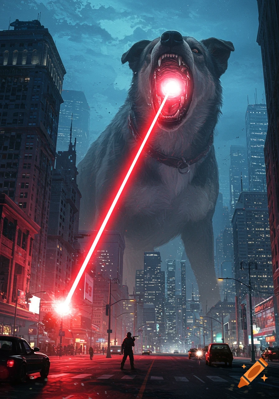 A giant dog shoots a powerful red laser beam from its mouth down a dark, futuristic city street, with a lone figure holding a gun in the foreground.