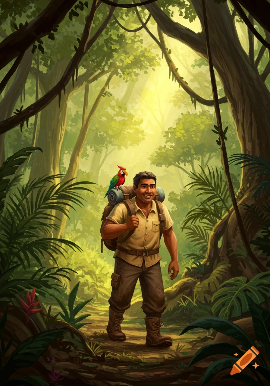 An illustration of a smiling man with a backpack and a parrot on his shoulder, walking through a sunlit jungle.
