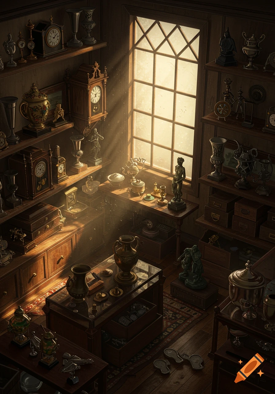 A warm, sunlit antique shop interior filled with shelves of various old clocks, vases, statues, and curios.