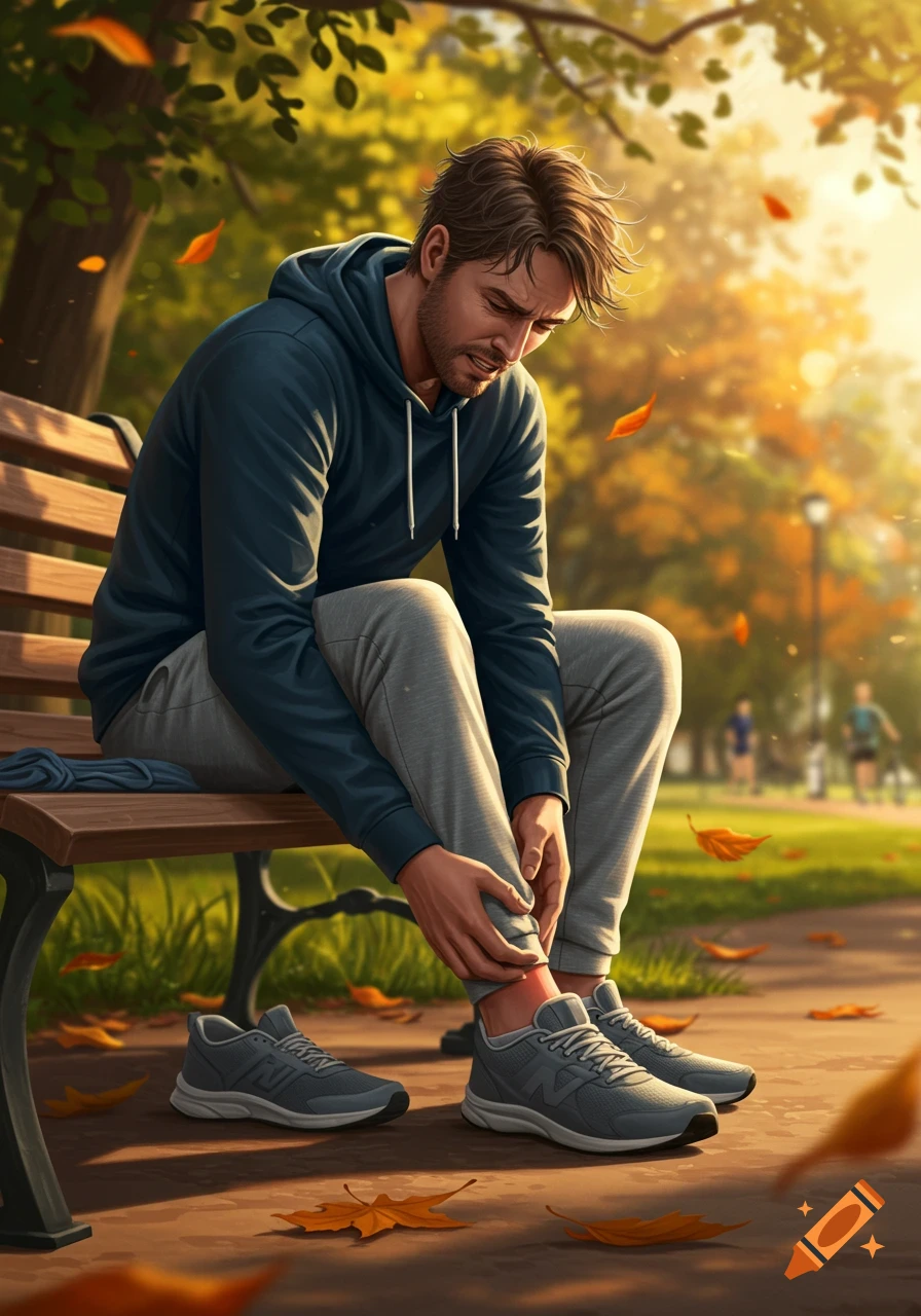 A man in a blue hoodie sits on a park bench in autumn, holding his ankle in pain, with fallen leaves on the ground. Photorealistic.