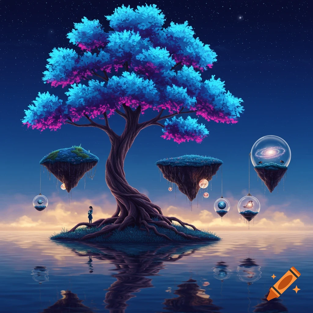 Vibrant fantasy landscape with a large tree featuring blue and pink leaves on a tiny island. Floating islands and glass spheres with galaxies and birds hang over reflective water under a starry sky.