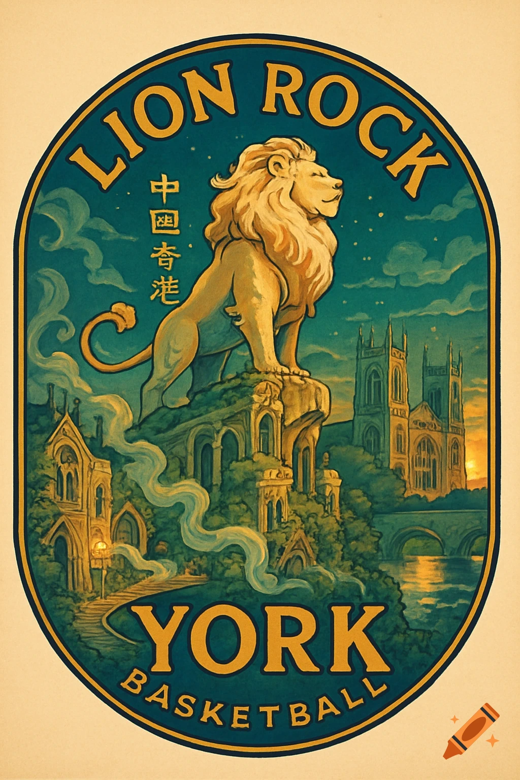 A vintage-style oval logo features a proud lion on ruins, overlooking a city with cathedrals at sunset, with "LION ROCK YORK BASKETBALL" and Chinese text.