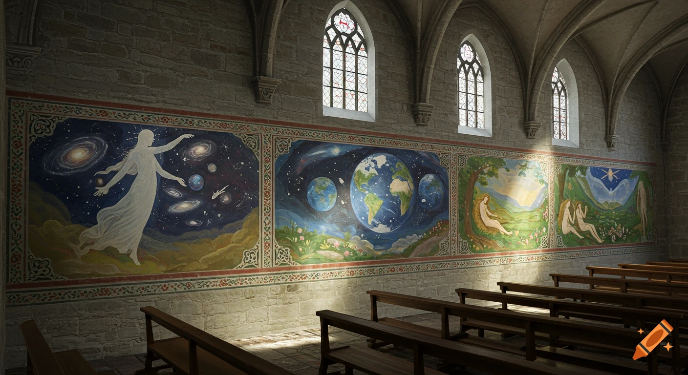 A long mural on a stone church wall depicting a light figure creating the universe, Earth, and Adam & Eve in the Garden of Eden.