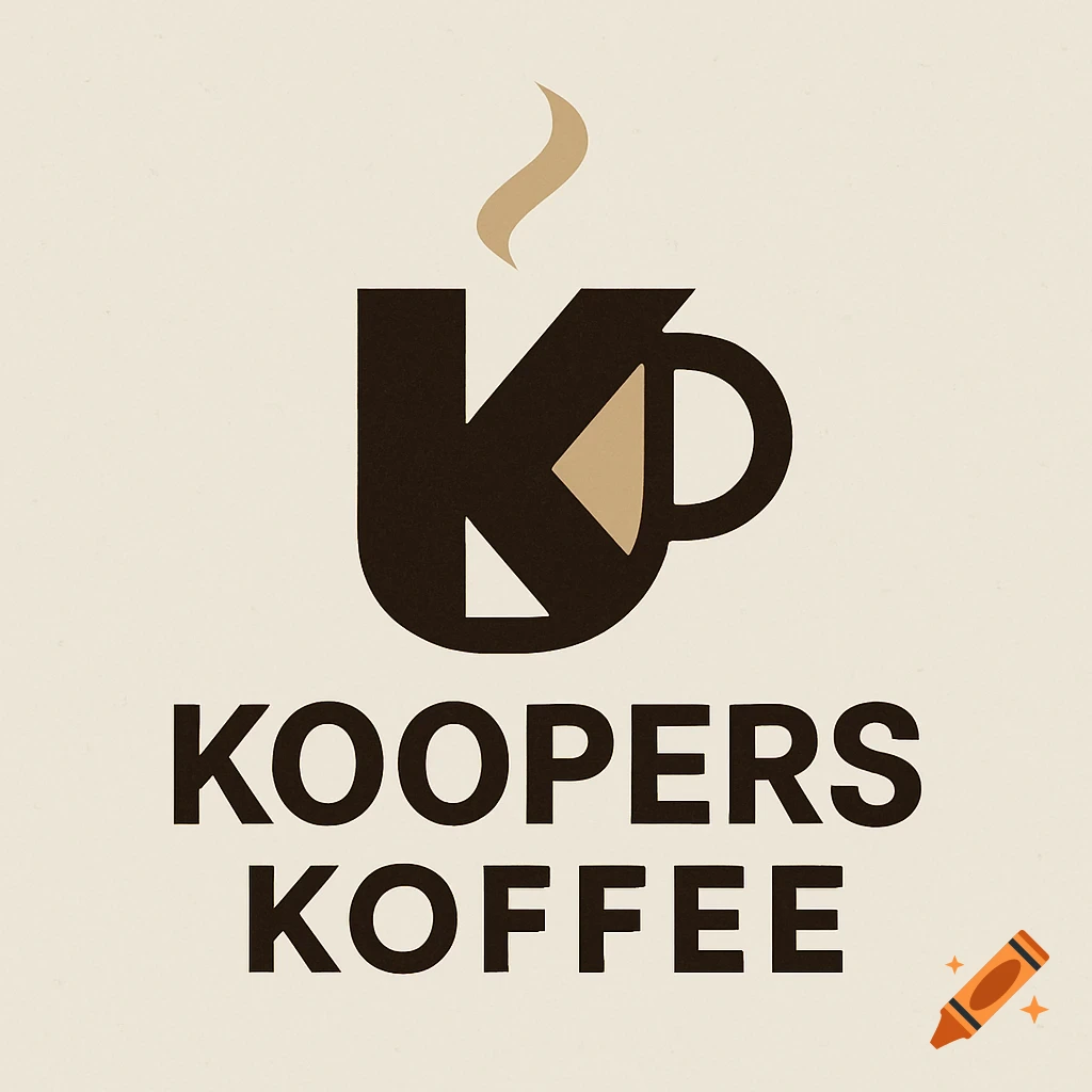 A stylized K forming a coffee cup with steam above the words "KOOPERS KOFFEE" in a simple logo.