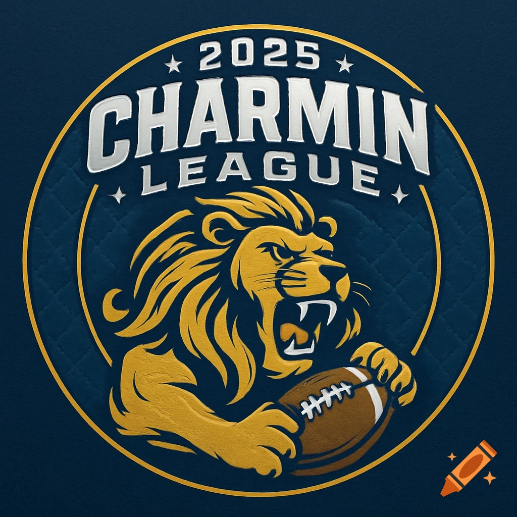 A fantasy football league logo features a roaring golden lion holding a brown football, set against a dark blue quilted background. The text "2025 CHARMIN LEAGUE" is above the lion.