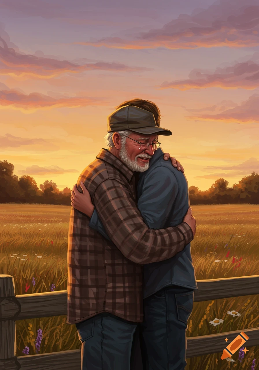 Elderly father embracing his son in a field at sunset, depicting an emotional reunion. The older man has tears in his eyes.