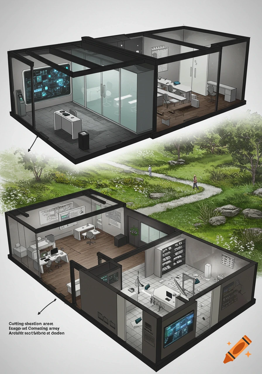 Isometric views of a modern pavilion's interior spaces, including interactive rooms and study areas, linked by a winding garden path.