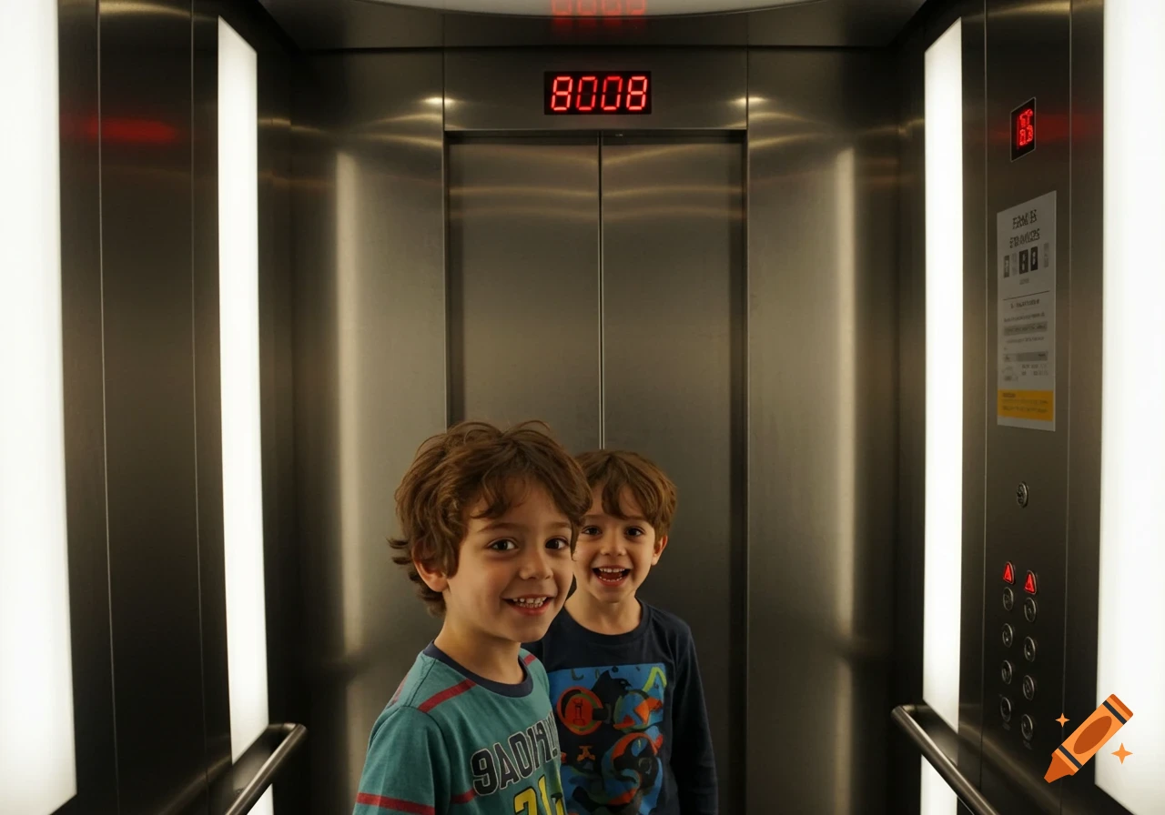 Two smiling boys with curly hair stand in a brightly lit metal elevator.