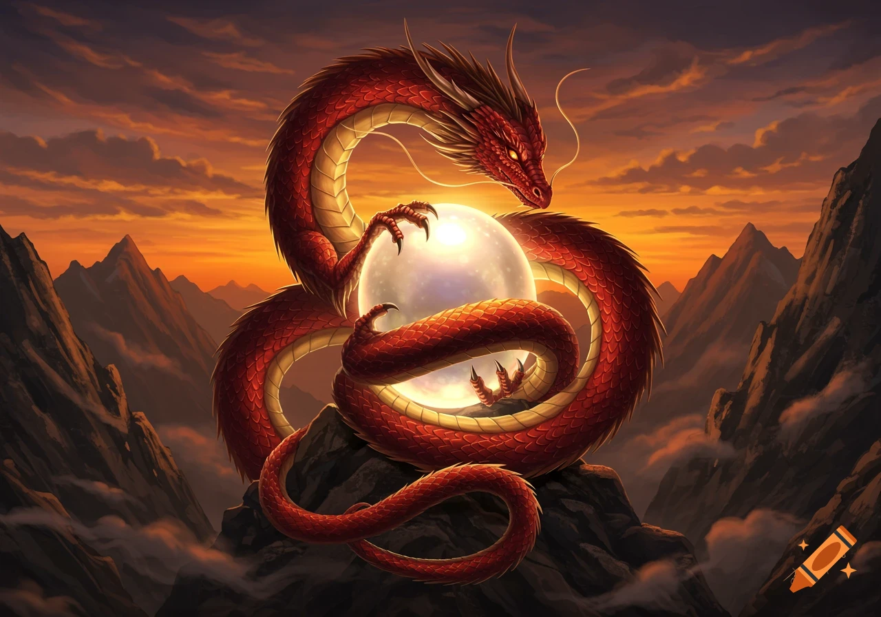 A detailed red and gold dragon coiled around a glowing pearl, perched on rocks against a dramatic orange sunset sky and dark mountains.