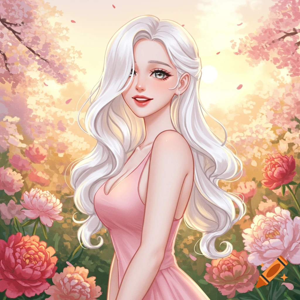 Anime woman with long white hair and a pink dress smiles in a sunny garden filled with pink flowers and cherry blossoms.