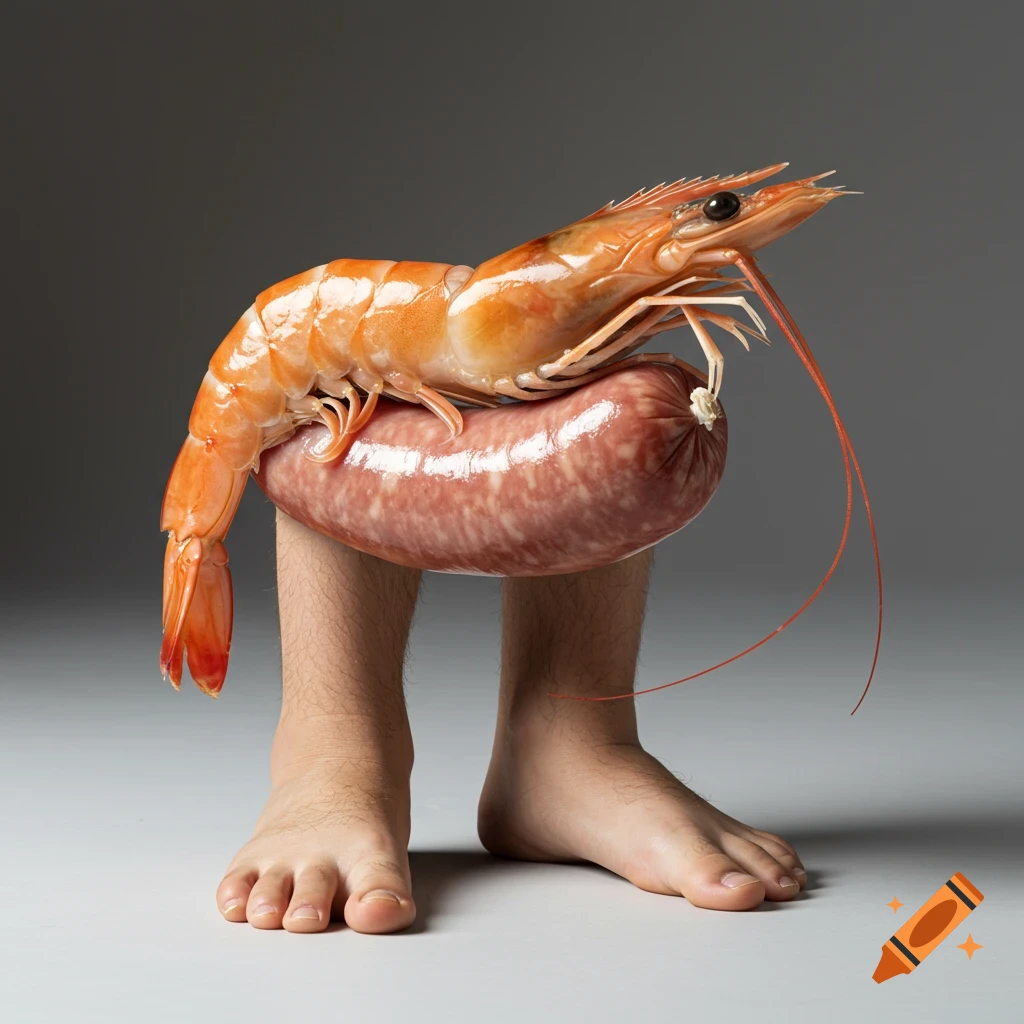 A photorealistic image of a surreal creature with a cooked shrimp on a raw sausage body, standing on two human feet on a plain background.