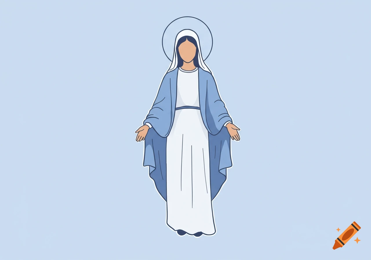Minimalistic clipart of the Virgin Mary in blue and white robes against a light blue background.