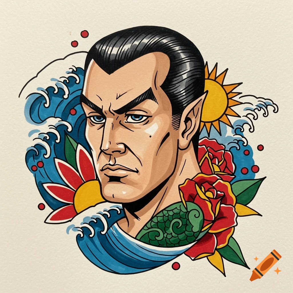 A traditional American tattoo flash art of Namor's head, featuring thick outlines, primary colors, blue waves, red roses, and a yellow sun.