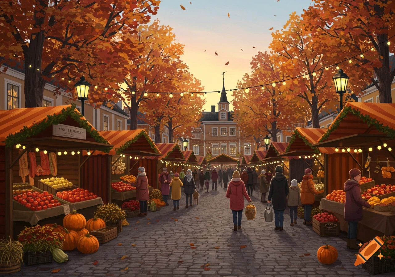 An autumnal market scene with people browsing stalls filled with pumpkins, produce, and goods, under trees with orange leaves and strung lights at sunset in a town square.