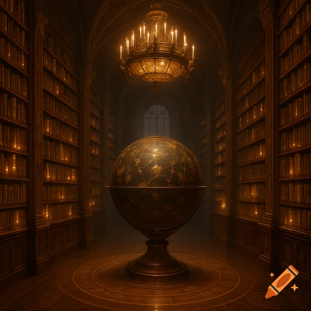 An ornate globe stands centrally in a grand, dimly lit library with tall bookshelves, illuminated by a glowing chandelier.