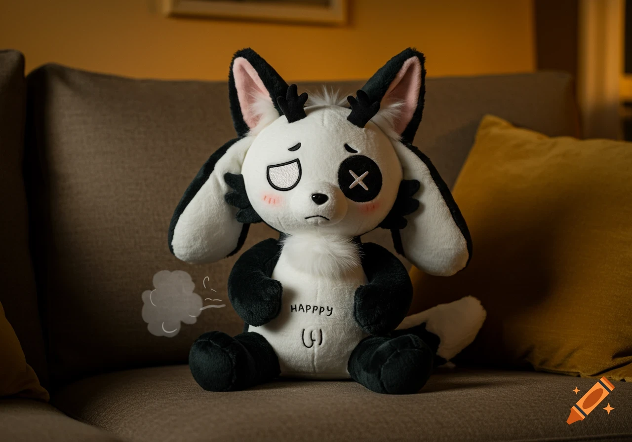 A white and black plush toy with long ears and an X for one eye sits on a couch, looking worried and farting.