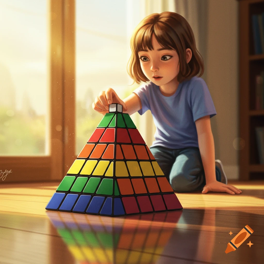 An illustrated image of a young girl on a wooden floor playing with a large, colorful pyramid-shaped Rubik's puzzle near a sunlit window.