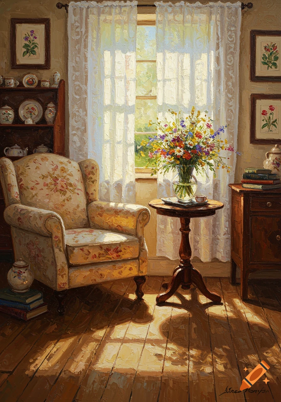 Impressionistic oil painting of a sunlit cottage-style room with a floral armchair and a vase of wildflowers on a side table.