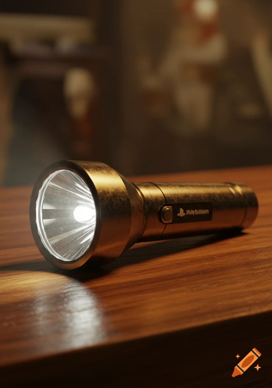 A metallic, golden-bronze flashlight with a bright beam lies on a dark wooden table, featuring a garbled logo on its side.