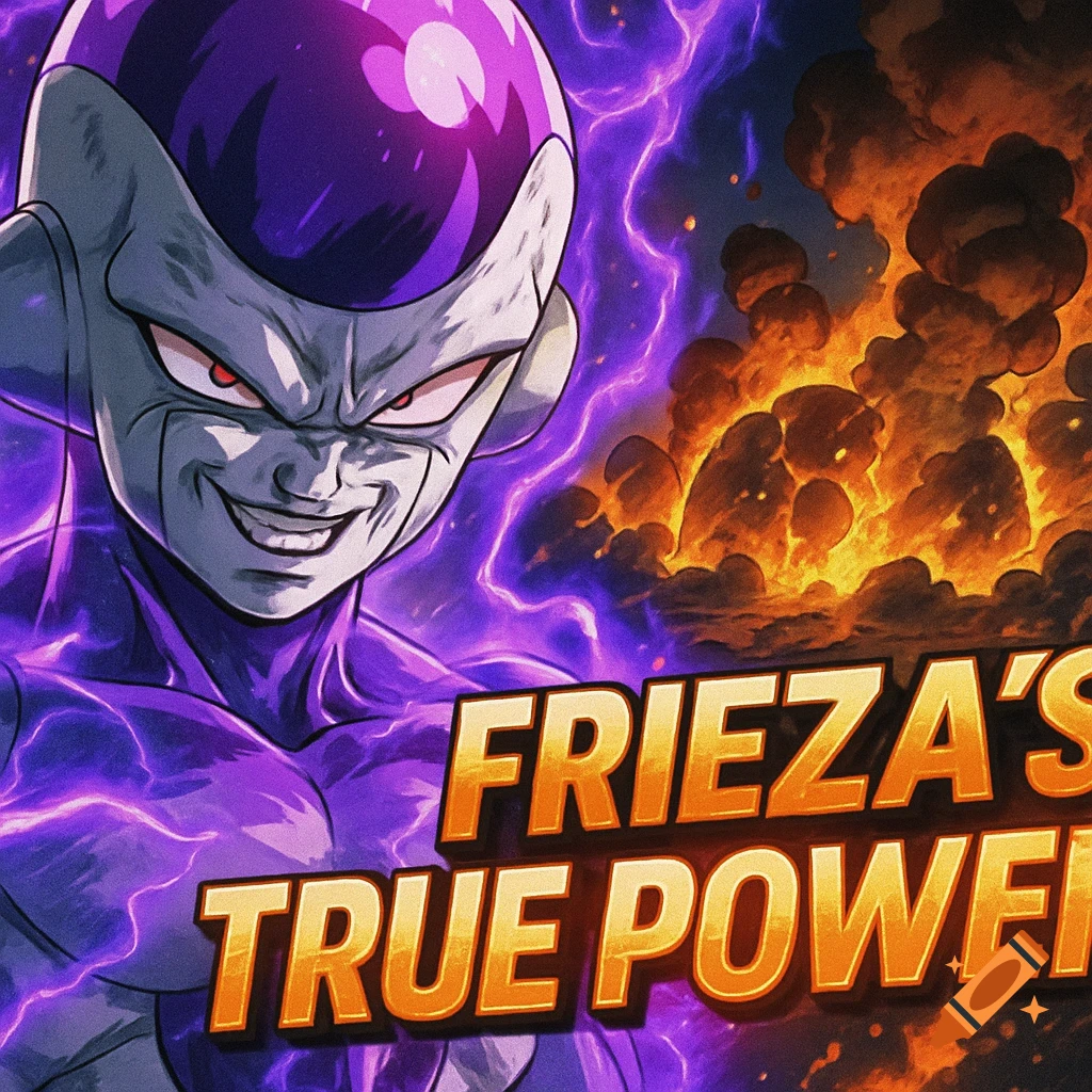 Close-up of Frieza from Dragon Ball with an evil smile, purple aura, "Frieza's TRUE POWER" text, and an exploding planet background, in an anime style.