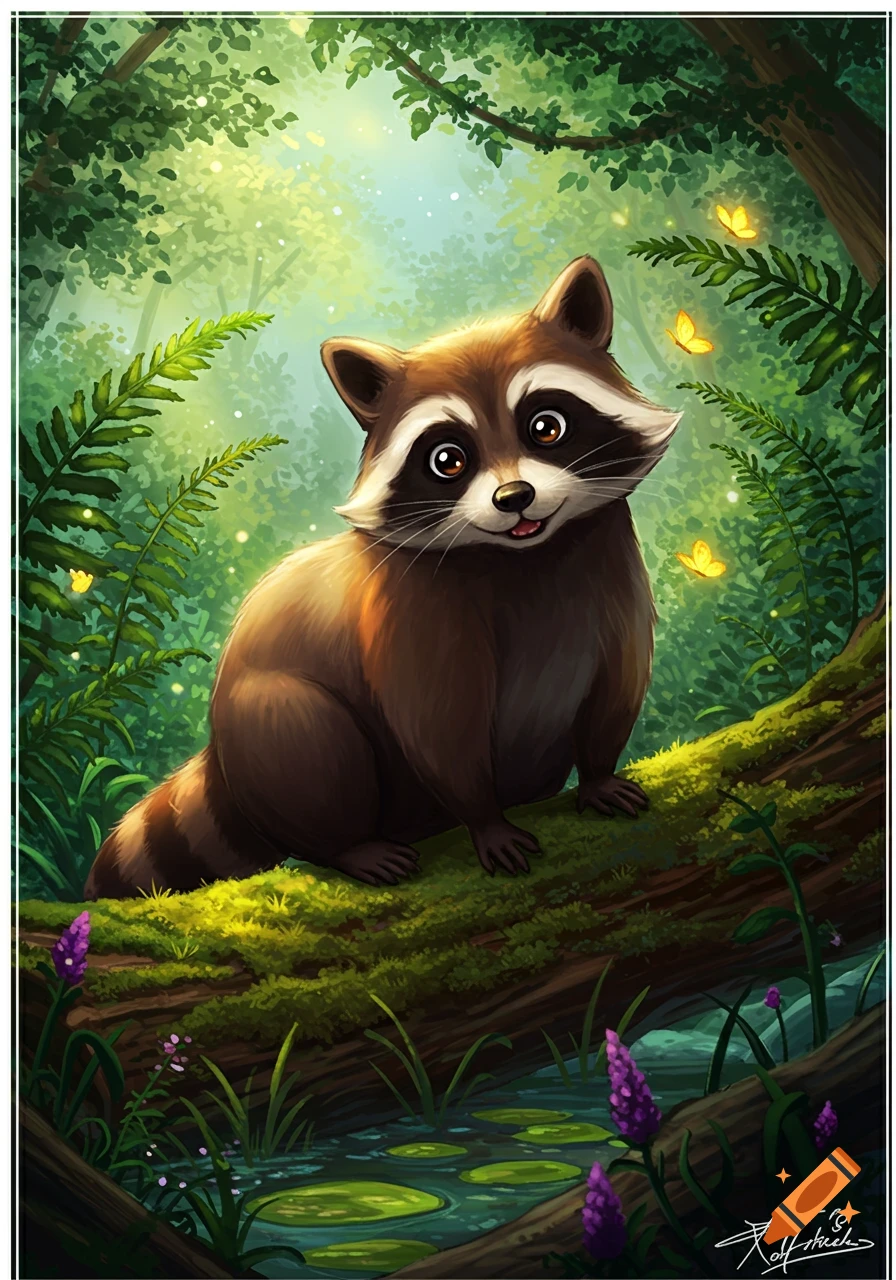 A cute cartoon raccoon with big eyes sits on a mossy log in a lush, green forest with glowing butterflies and a small pond.