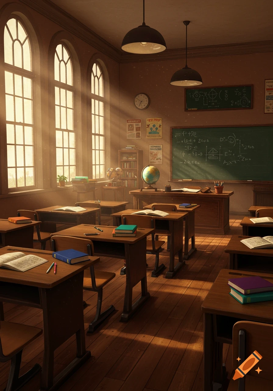A sunlit classroom with rows of wooden desks, a blackboard covered in garbled writing, globes, and posters on the walls, seen through tall arched windows.