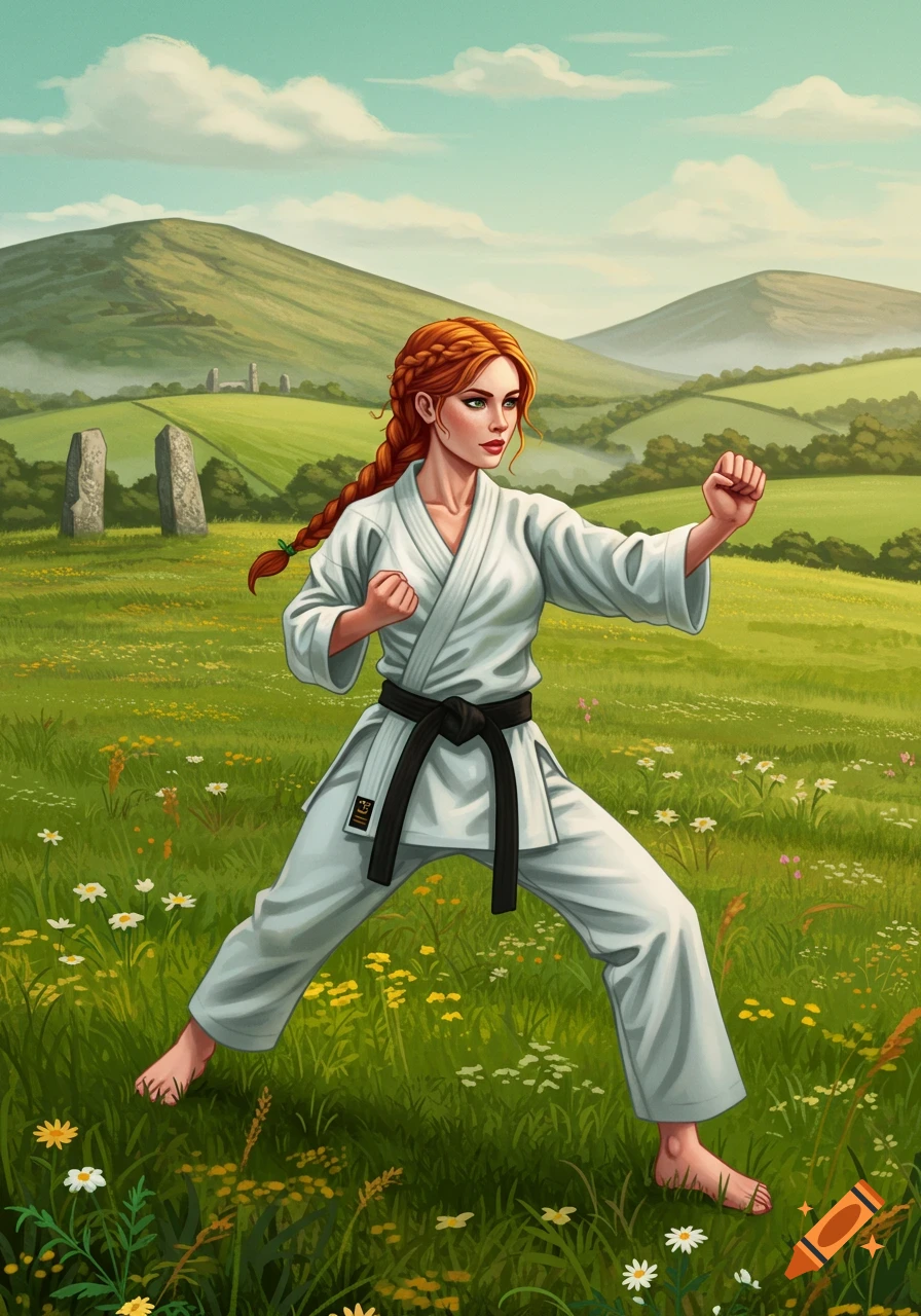A red-haired woman in a white karate gi and black belt poses in a field with green hills and ancient stones under a blue sky.