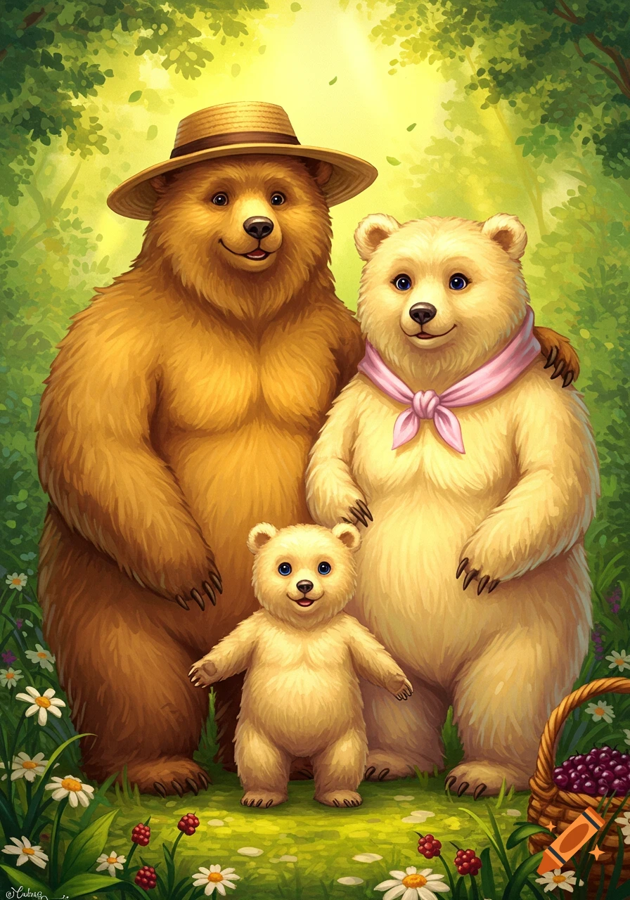 A whimsical illustration of a brown father bear in a hat, a light yellow mother bear with a pink scarf, and a baby bear standing in a lush green forest with flowers and berries.