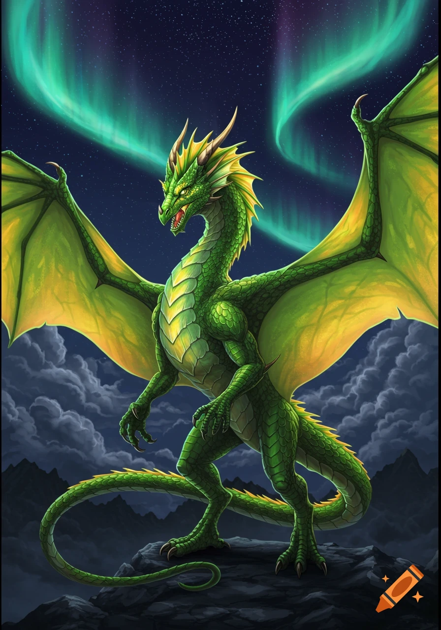 A green and yellow dragon with spread wings stands on rocks under a starry night sky with a green aurora.