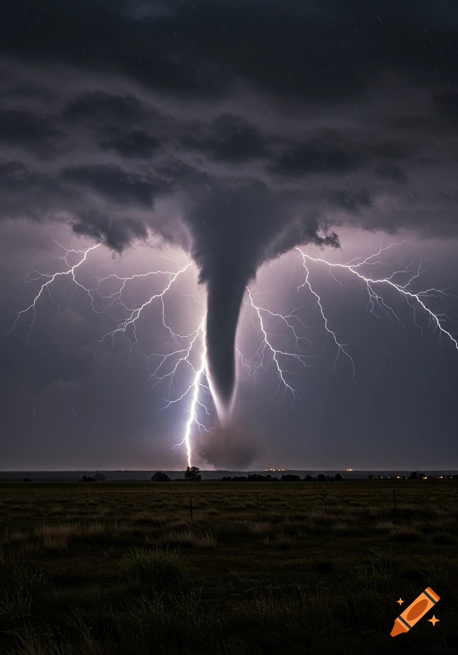 A massive tornado touches down in a dark, stormy landscape, brilliantly illuminated by multiple streaks of lightning.
