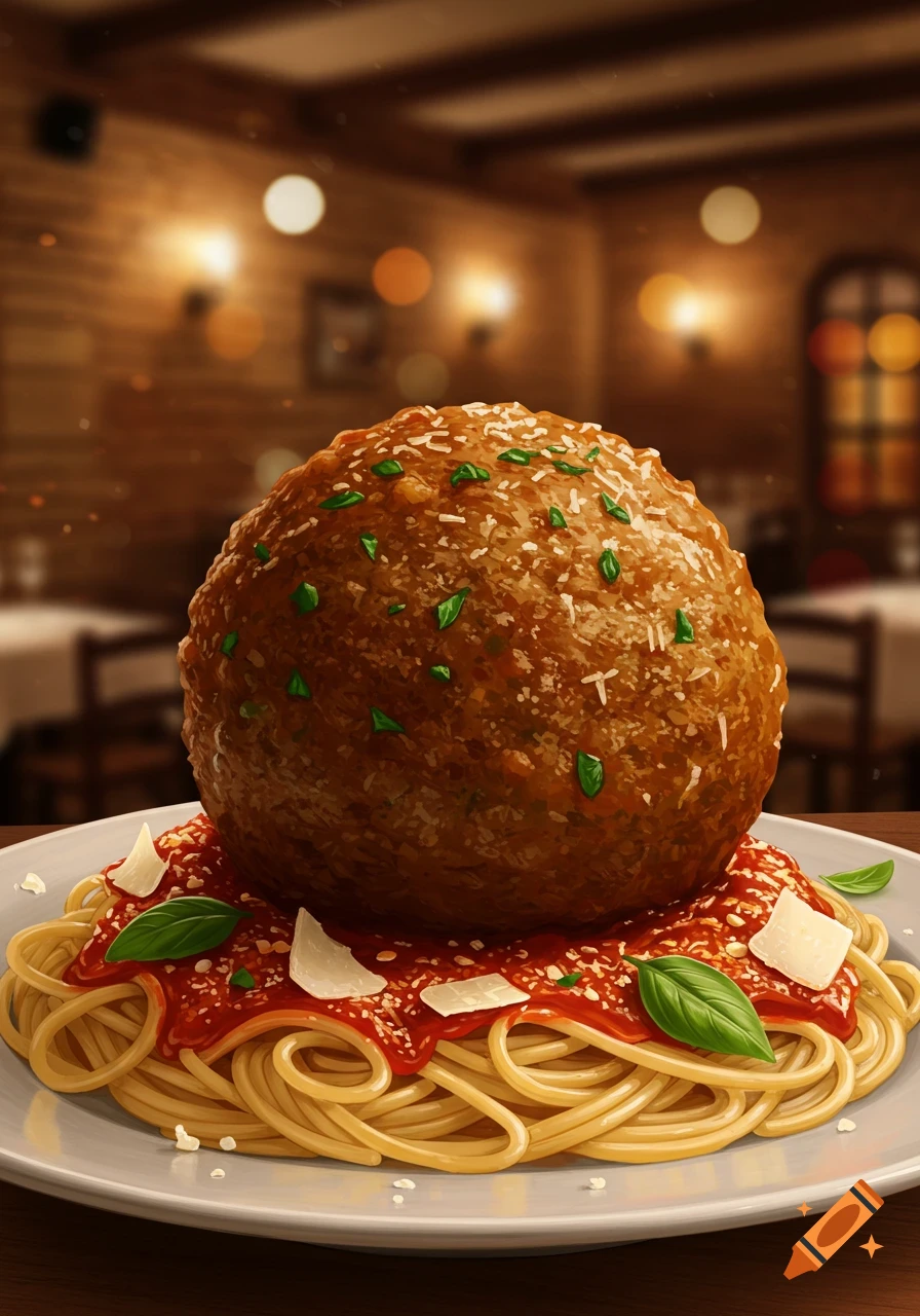 A giant meatball covered in parmesan and herbs rests on a bed of spaghetti with red sauce, basil, and cheese in a softly lit restaurant.