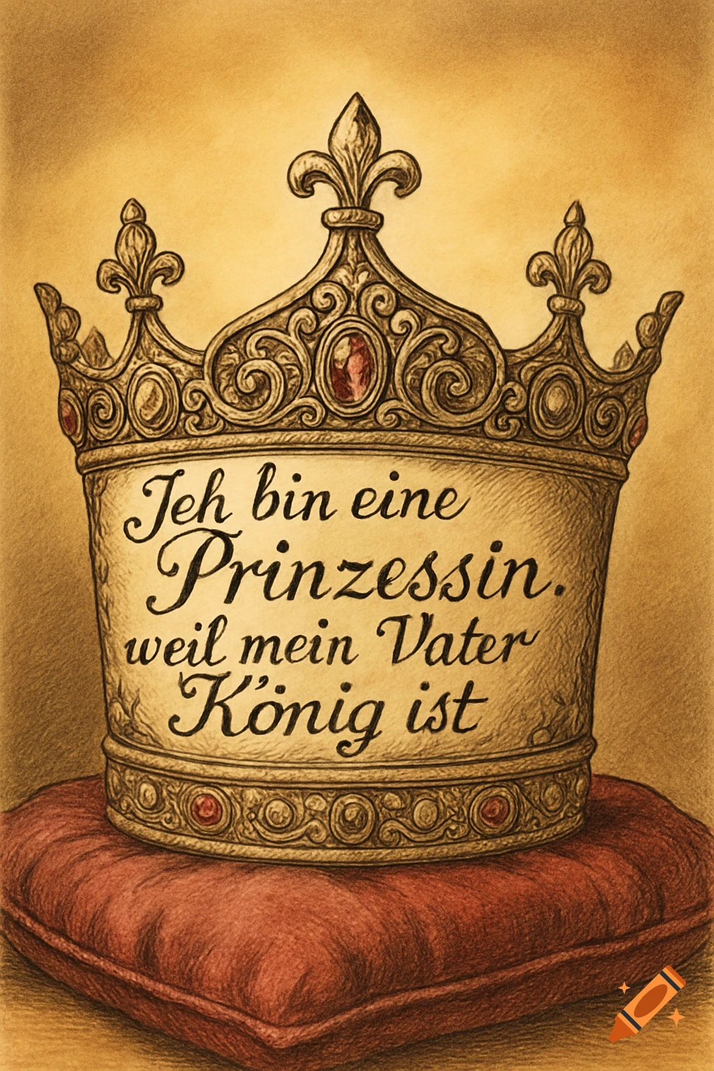 A detailed drawing of an ornate golden crown with red jewels, inscribed with German text, resting on a red cushion.