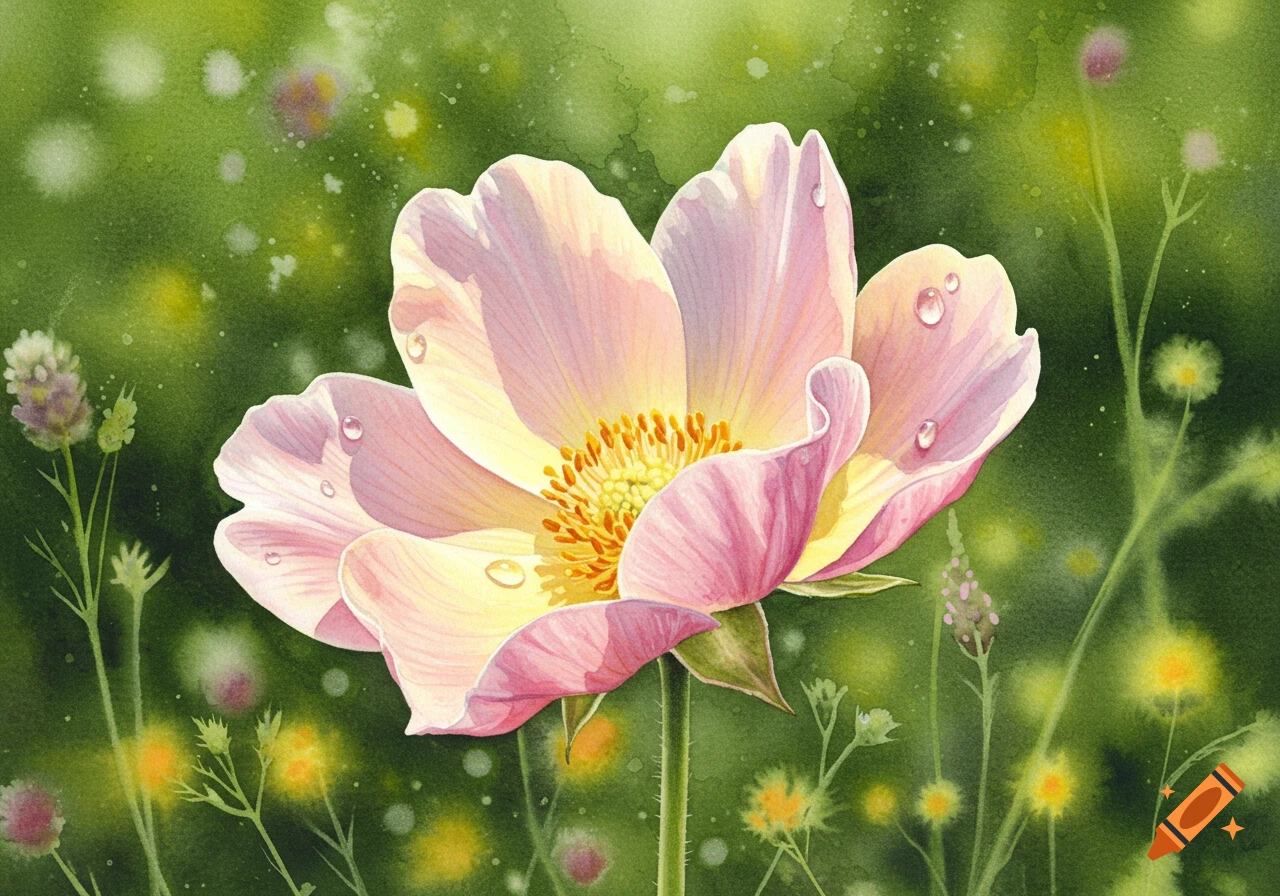 Watercolor painting of a pink flower with water droplets and a yellow center, against a blurry green background with faint foliage.