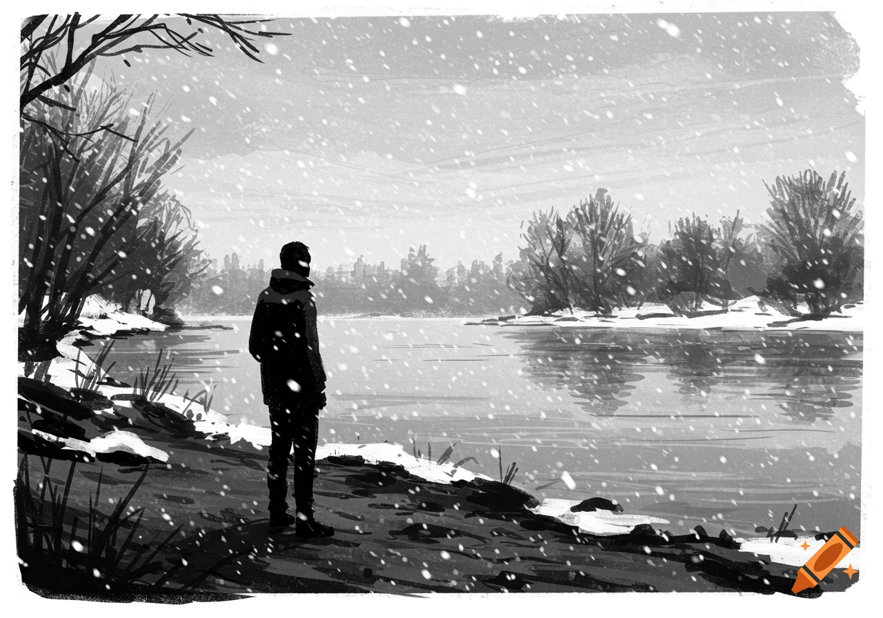 A black-and-white sketch of a man in a coat standing by a snowy riverbank, looking out at the water as snowflakes fall.