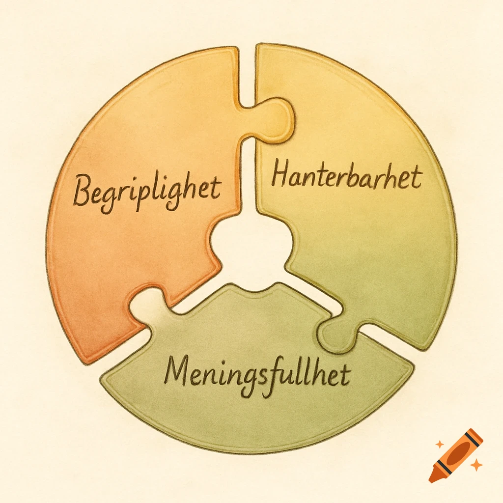 Three puzzle pieces in orange, yellow, and olive green, forming a circle. Text reads 'Begriplighet', 'Hanterbarhet', 'Meningsfullhet'.