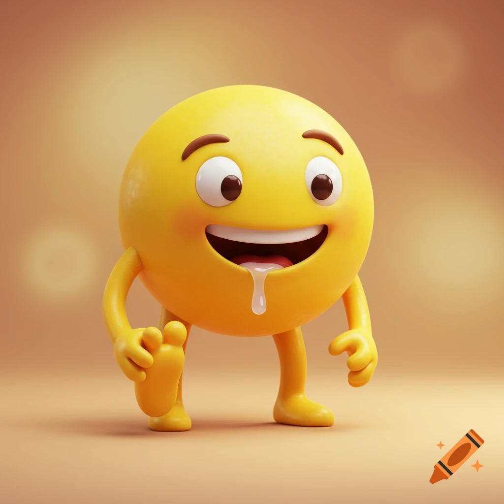 A happy yellow emoji character with arms and legs, drooling from its open mouth, standing and touching its foot, in a 3D render style.