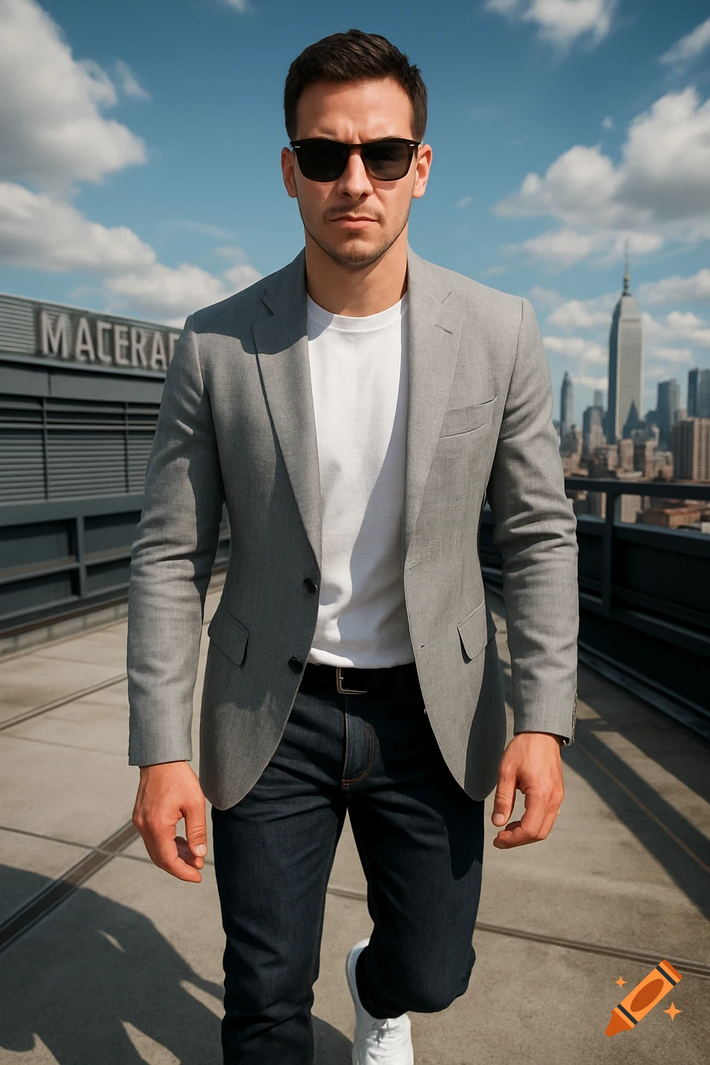 A confident man in a grey suit jacket, white t-shirt, and dark jeans stands on a city rooftop, with a skyline in the background.