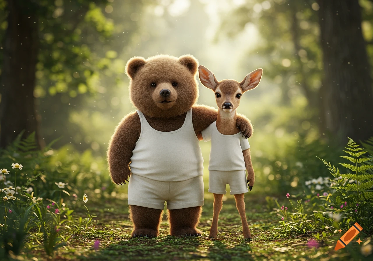 A photorealistic image of a smiling baby bear and a baby deer in white outfits, standing arm-in-arm in a soft-lit forest.