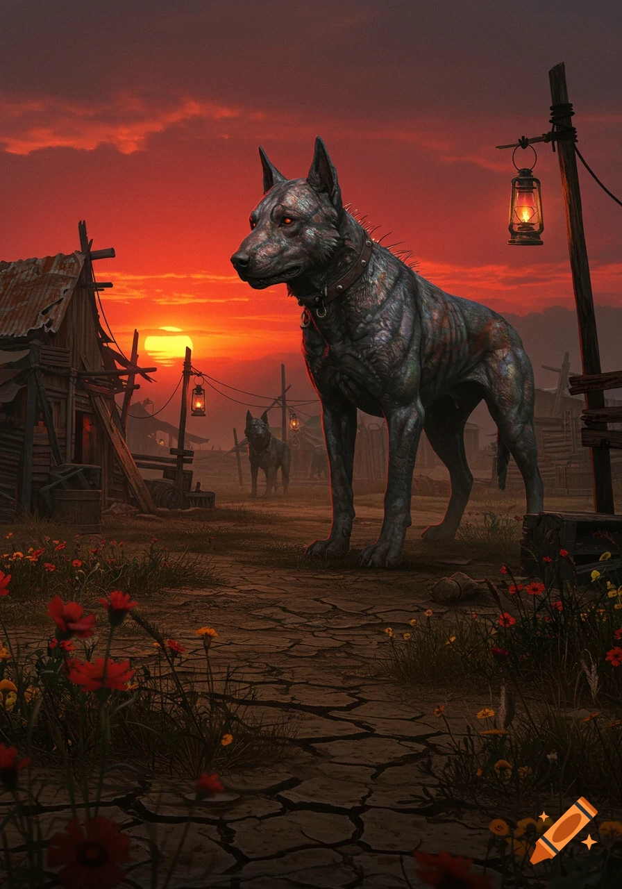 A large, dark mutant dog with glowing red eyes stands in a desolate village at sunset, with ramshackle buildings and another dog in the background.