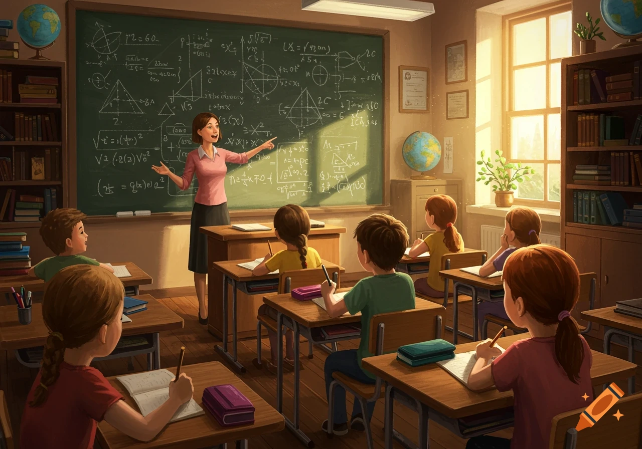 An illustrated classroom scene with a female teacher pointing at a blackboard filled with mathematical equations and diagrams, as students sit at desks and write.