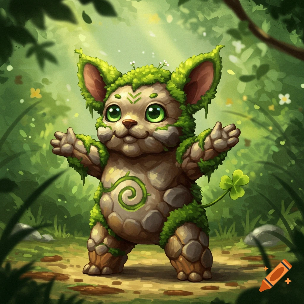 A small, chubby, mossy rock creature with big green eyes and outstretched arms stands in a lush forest, a clover at its tail.