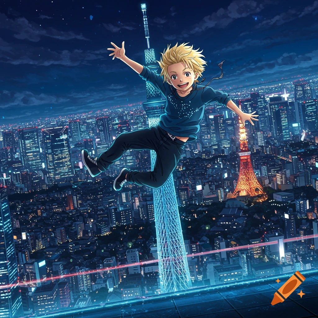 Anime blonde boy leaps above a futuristic Tokyo cityscape at night, with the Skytree and Tokyo Tower.