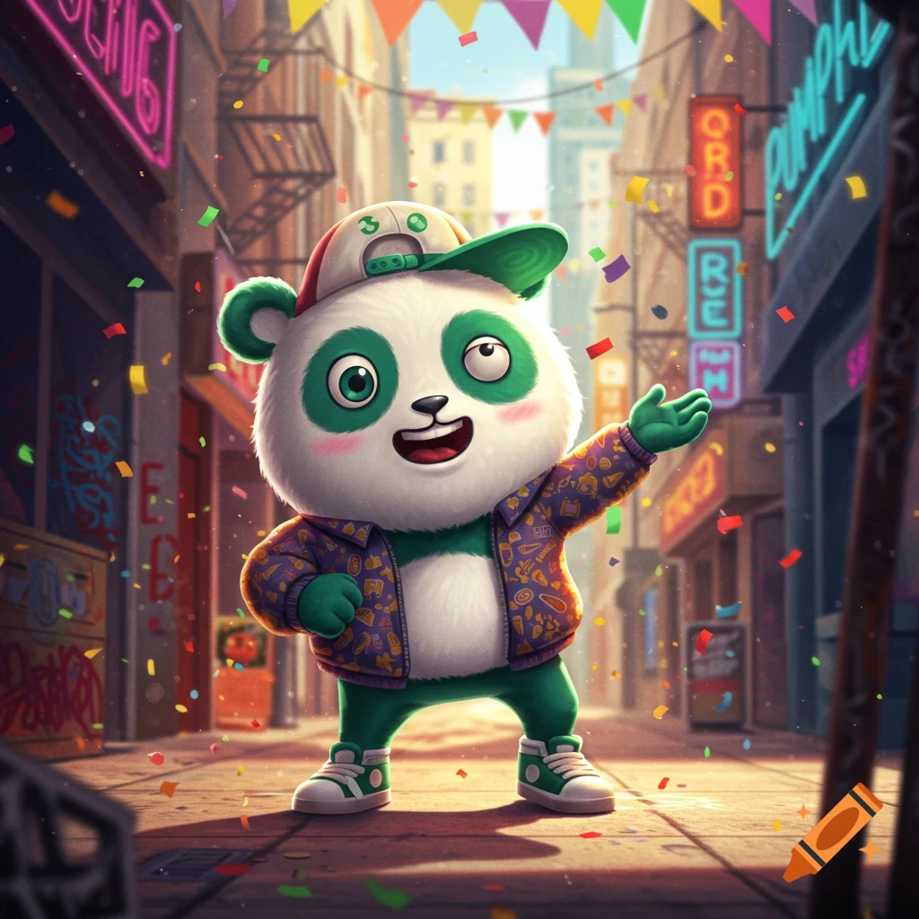 Cute cartoon green and white panda in a backward cap and patterned jacket, surrounded by confetti in a city street.